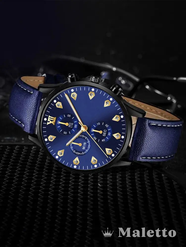 Relógio Azul com Pulseira de Couro e Mostrador Dourado Relógio Azul com Pulseira de Couro e Mostrador Dourado