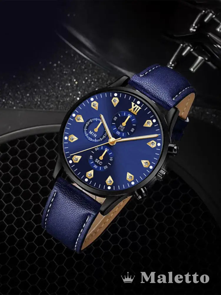 Relógio Azul com Pulseira de Couro e Mostrador Dourado Relógio Azul com Pulseira de Couro e Mostrador Dourado