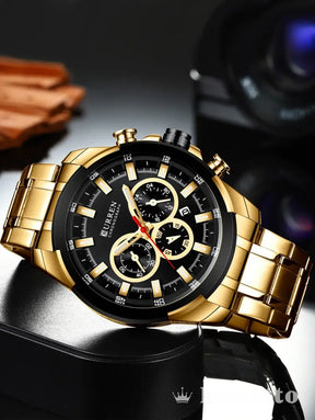 Relógio Luxo Masculino Dourado com Cronógrafo Relógio Luxo Masculino Dourado com Cronógrafo