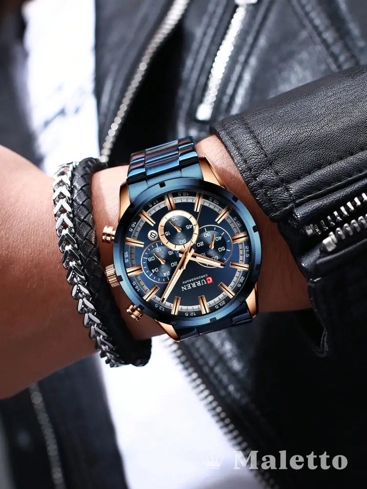 Relógio Masculino Azul e Rose Gold com Cronógrafo Relógio Masculino Azul e Rose Gold com Cronógrafo