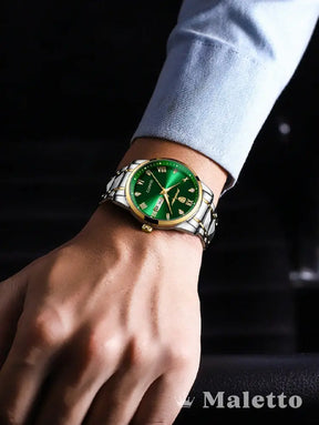 Relógio Masculino Bicolor com Pulseira de Metal e Mostrador Verde Relógio Masculino Bicolor com Pulseira de Metal e