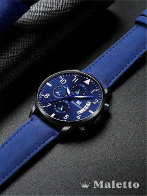 Relógio Masculino com Pulseira de Couro e Mostrador Azul Relógio Masculino com Pulseira de Couro e Mostrador Azul