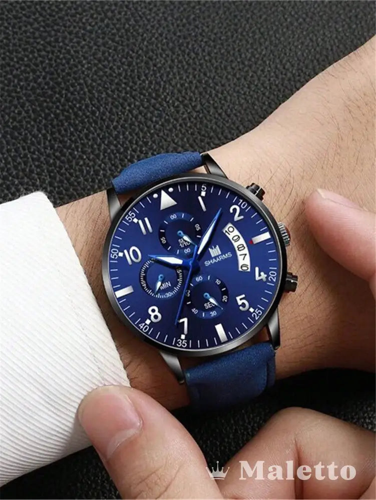 Relógio Masculino com Pulseira de Couro e Mostrador Azul Relógio Masculino com Pulseira de Couro e Mostrador Azul