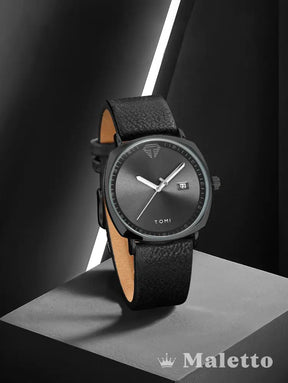 Relógio Masculino com Pulseira de Couro Elegante e Mostrador Preto Relógio Masculino com Pulseira de Couro Elegante e