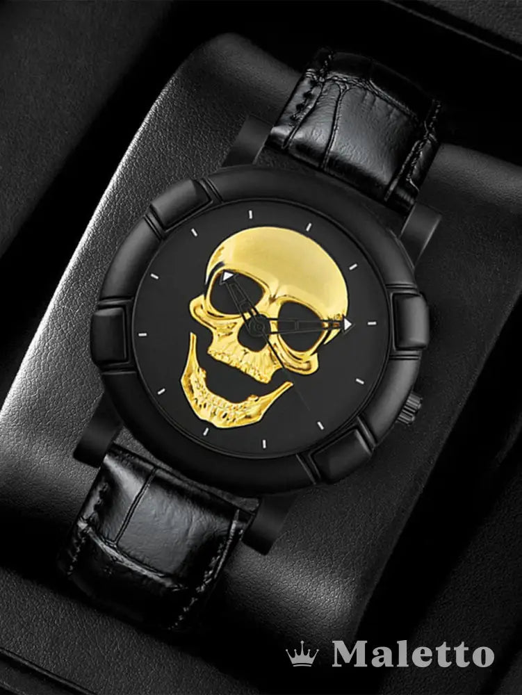 Relógio Masculino Design de Caveira e Pulseira de Couro Dourado Relógio Masculino Design de Caveira e Pulseira de Couro