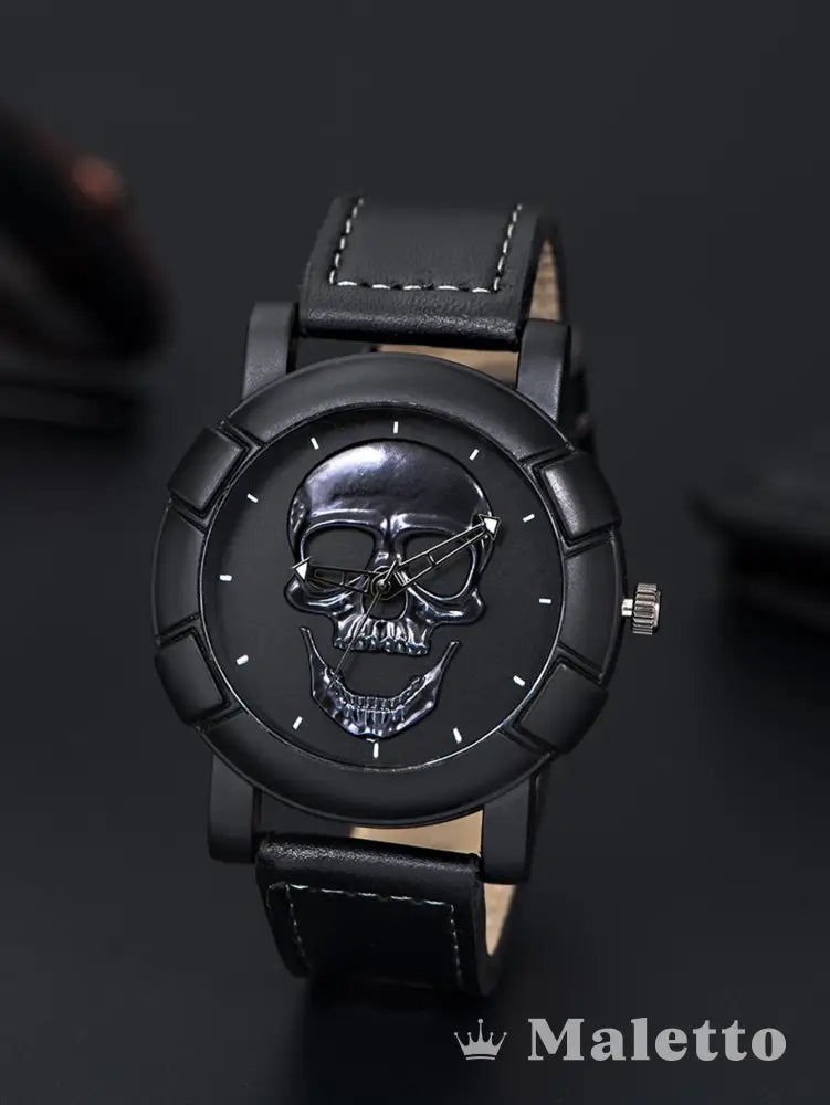 Relógio Masculino Design de Caveira e Pulseira de Couro Preto Relógio Masculino Design de Caveira e Pulseira de Couro