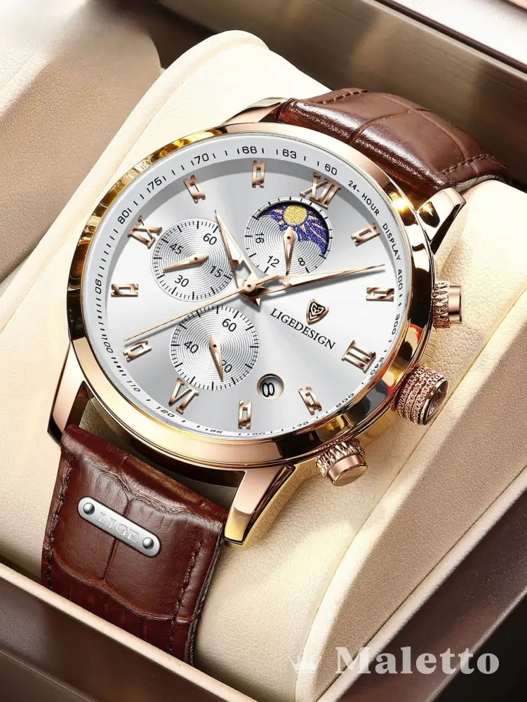 Relógio Masculino Luxo Cronógrafo Pulseira de Couro Branco Relógio Masculino Luxo Cronógrafo Pulseira de Couro