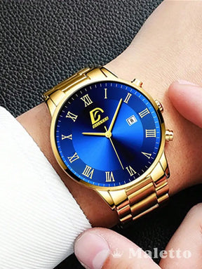 Relógio Masculino Luxo Dourado com Mostrador Azul Relógio Masculino Luxo Dourado com Mostrador Azul