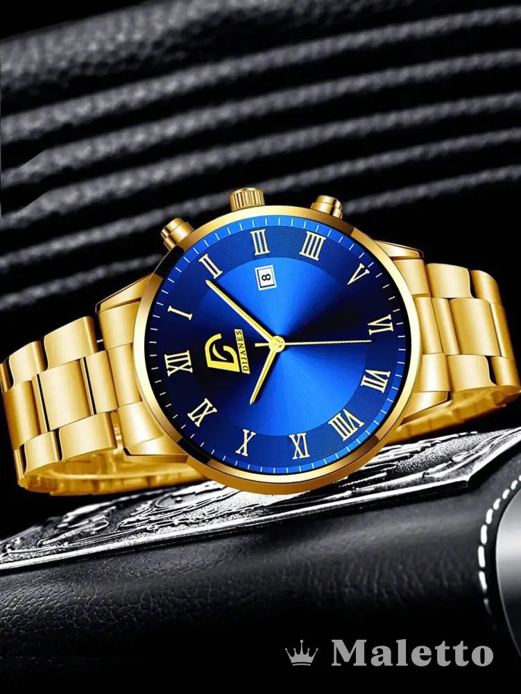 Relógio Masculino Luxo Dourado com Mostrador Azul Relógio Masculino Luxo Dourado com Mostrador Azul