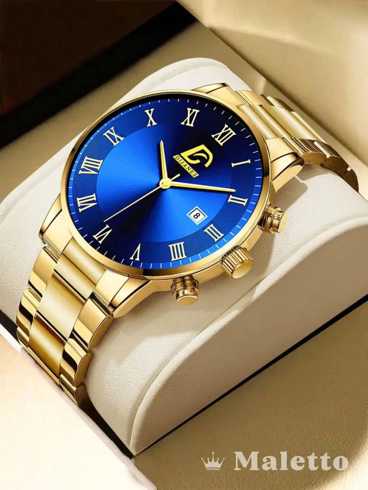 Relógio Masculino Luxo Dourado com Mostrador Azul Relógio Masculino Luxo Dourado com Mostrador Azul