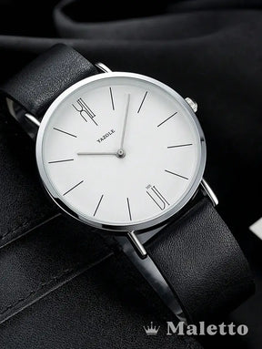 Relógio Masculino Minimalista Pulseira de Couro Elegante Quartz Branco Relógio Masculino Minimalista Pulseira de Couro