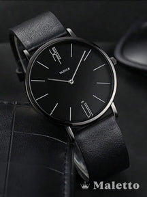 Relógio Masculino Minimalista Pulseira de Couro Elegante Quartz Preto Relógio Masculino Minimalista Pulseira de Couro