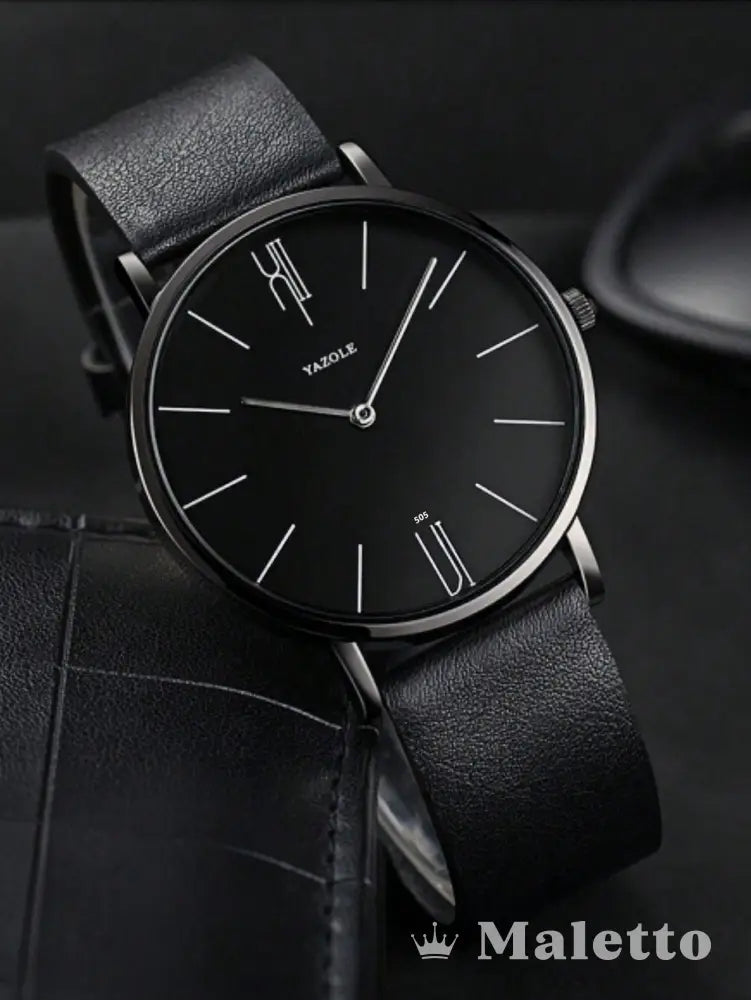 Relógio Masculino Minimalista Pulseira de Couro Elegante Quartz Preto Relógio Masculino Minimalista Pulseira de Couro