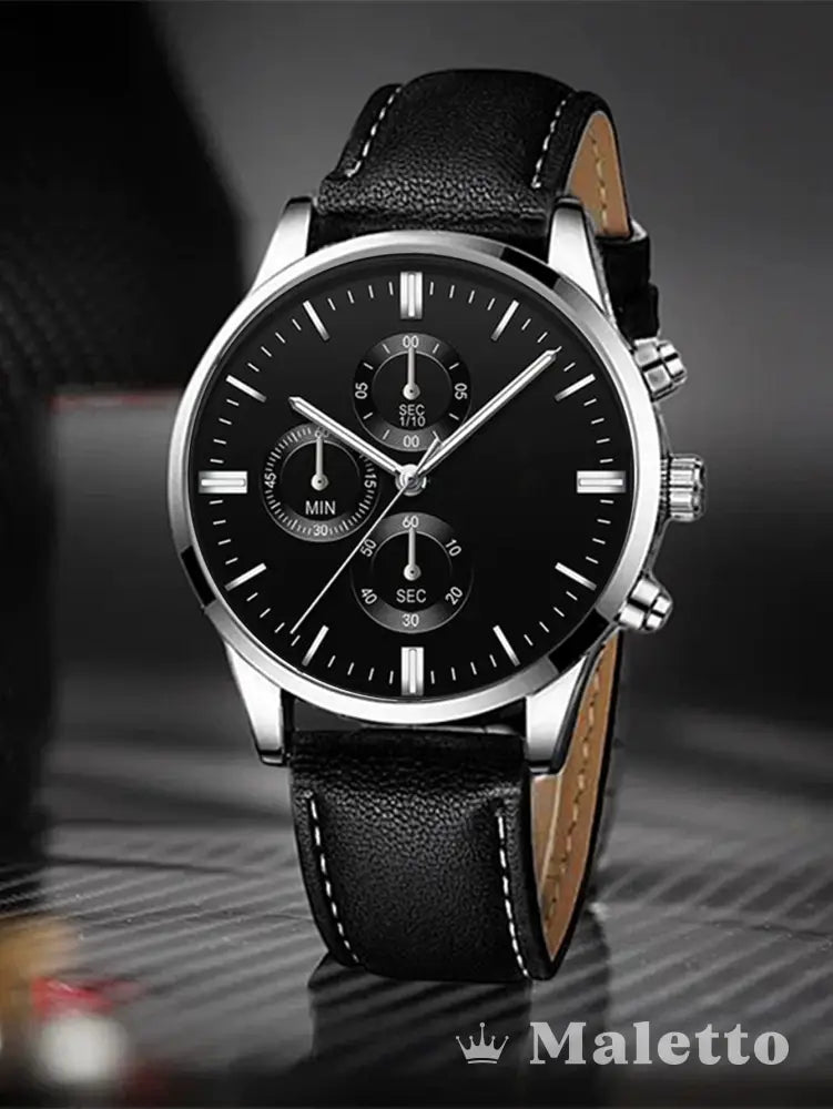 Relógio Masculino Moderno Cronógrafo com Pulseira de Couro Preto Relógio Masculino Moderno Cronógrafo com Pulseira de