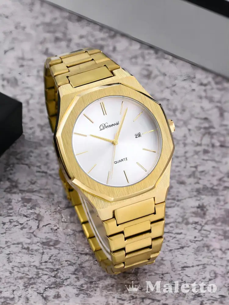 Relógio Masculino Moderno Dourado com Mostrador Branco Relógio Masculino Moderno Dourado com Mostrador Branco